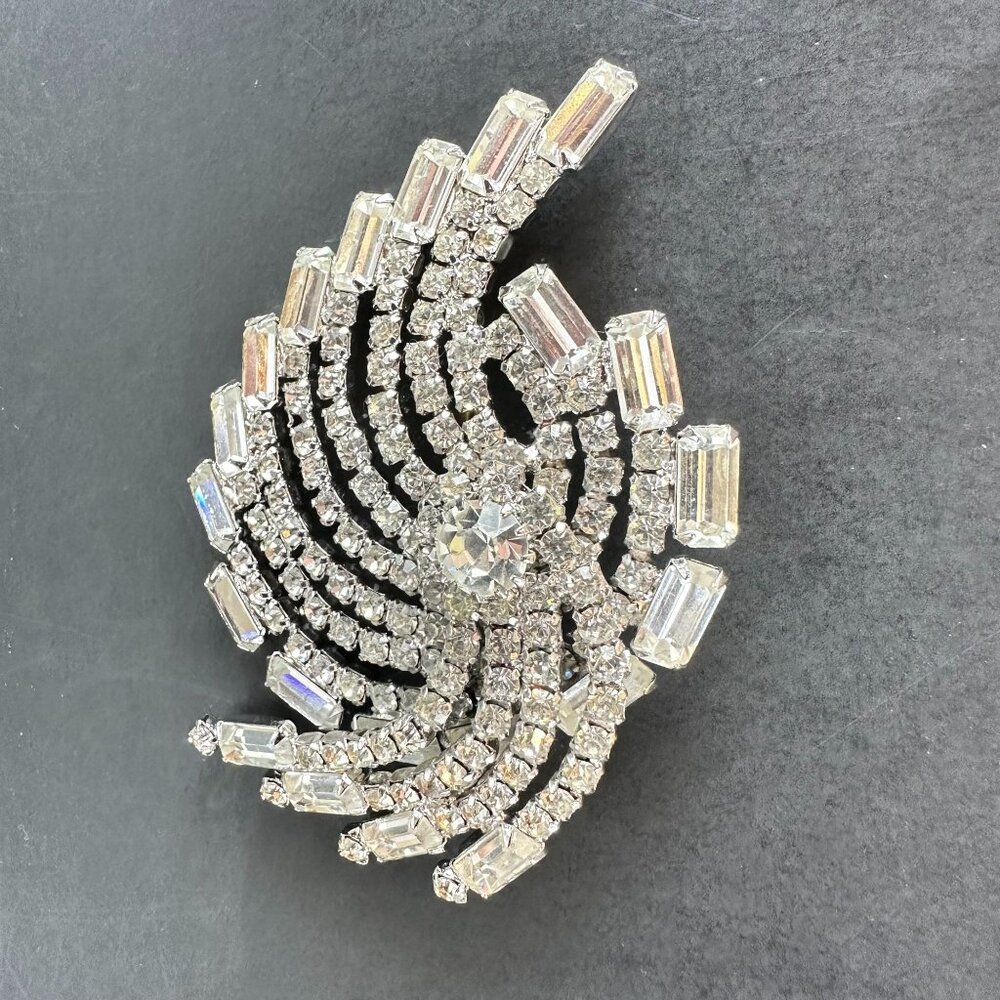 Vintage Clear Rhinestone Brooch Hurricane Silver Tone